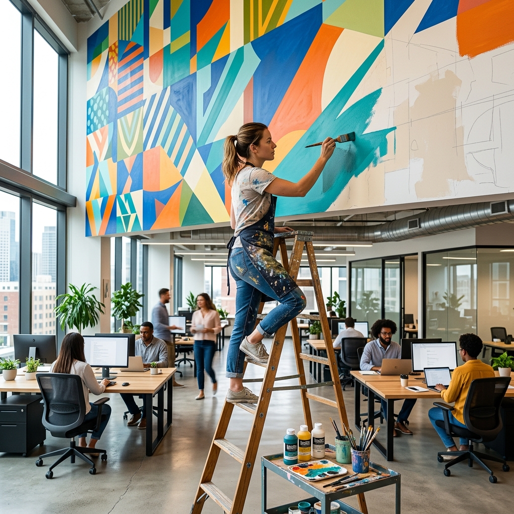 Professional mural artist painting a large colorful mural in a modern open-plan office, boosting employee morale and corporate culture